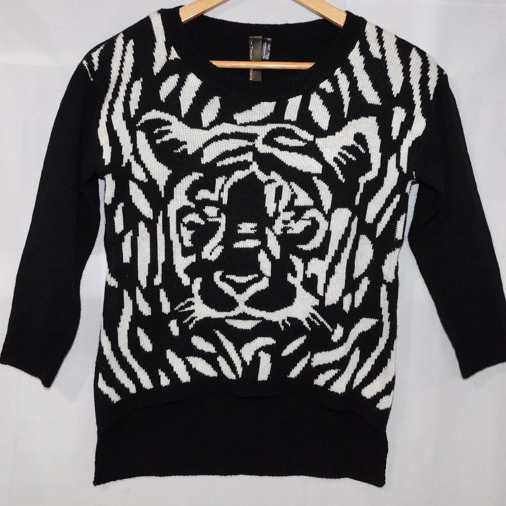 Black White Tiger 3/4 Sleeve Knit pullover Sweater Le Temps Des Cerises Womens S